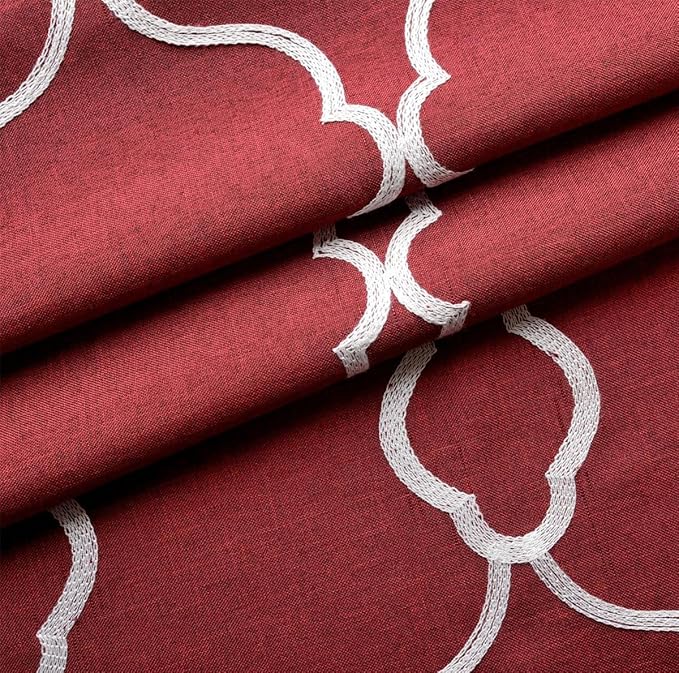 MIUCO Moroccan Embroidered Semi Sheer Curtains Faux Linen Grommet Window Curtains for Bedrooom 52 x 84 Inch 2 Panels, Burgundy