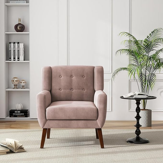 UIXE Accent Chair, Velvet Upholstered Armchair for Living Room, Modern Club Arm Chairs Comfy Single Sofa Button Tufted Bedroom Reading Seat - Skin Pink, Set of 1