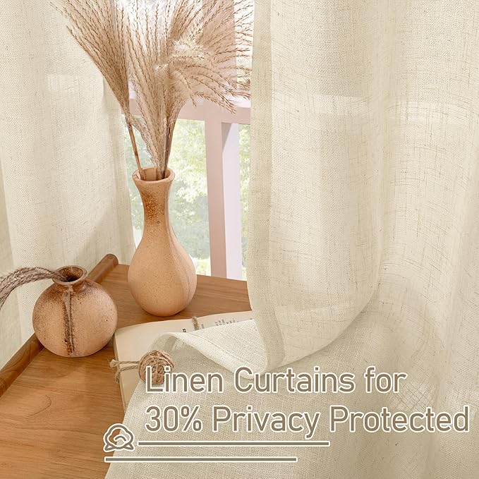 LAMIT 45 Inch Short Window Linen Curtains for Bedroom, Light Filtering Panels Bronze Grommet Neutral Drapes for Cafe/Bathroom/Loft Room, Linen, 2 Panels, 34 x 45 Inch