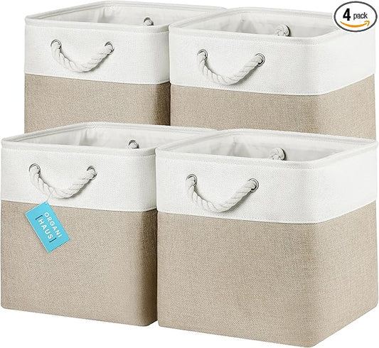 OrganiHaus 12x12 Cube Storage Bins 4 Pack, Foldable Cube Storage Organizer w/ Rope Handles, Collapsible Fabric Bins for Toys, Clothes & Closet Organization, Fabric Square Baskets - Beige/White