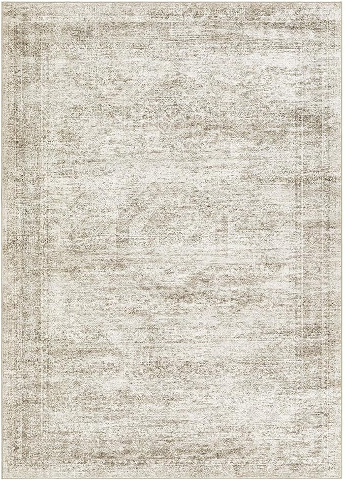 Washable Area Rugs for Living Room -7x9 Neutral Vintage Distressed Floral Farmhouse Boho Large Soft Floor Rug Indoor Non Slip Carpet for Living Room Bedroom Dining Room Office-Beige