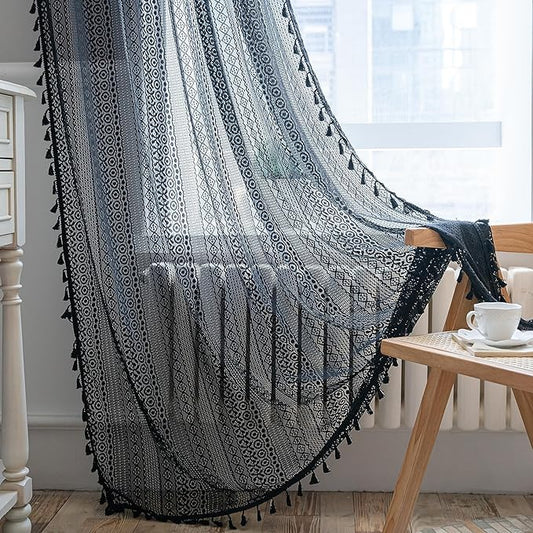 Sutuo Home Black Boho Curtain for Halloween Decor, Sheer Crochet Lace Handmade Tassels Knitted Window Treatment Vintage Rustic Bohemian Farmhouse Drape for Bedroom Rod Pocket 1 Panel 59" W x 96" L