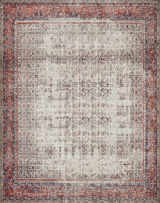 Loloi Layla Collection LAY-12 Ivory/Brick 2'-0" x 5'-0" .13" Thick Accent Rug, Soft, Durable, Vintage Inspired, Distressed, Low Pile, Non-Shedding, Easy Clean, Printed, Living Room Rug