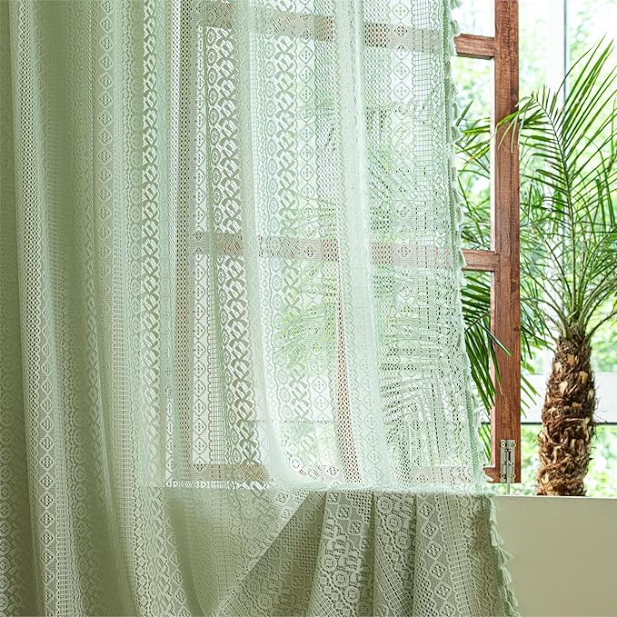 Sutuo Home Mint Green Boho Curtains for Bedroom Living Room, Crochet Lace Bohemian Hollow Knitted Handmade Tassels Window Treatment Vintage Rustic Rod Pocket Farmhouse Drapes, 1 Panel 59" W x 84" L