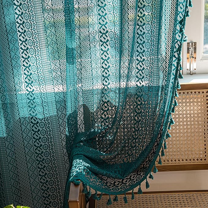 Sutuo Home Turquoise Boho Curtains for Bedroom Living Room,Crochet Lace Sheer Bohemian Stylish with Tassels, Window Treatment Privacy Vintage Rustic Farmhouse Drapes, Rod Pocket 1 Panel 59" W x 102" L