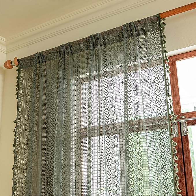 Sutuo Home Olive Green Boho Curtains 90 inches, Crochet Lace Sheer Bohemian Hollow Knitted Handmade Tassels, Privacy Vintage Farmhouse for Bedroom Living Room Easter Decor, 1 Panel 59" W x 90" L