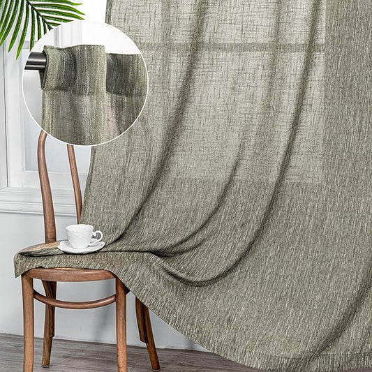 MYSKY HOME Short Curtains for Bedroom Semi Sheer Light Filtering Privacy Drapes for Small Window Linen Look Textured Boho Home Decor Backdrop Curtain for Parties, 50" x 63", Olive Green, 2 Panels