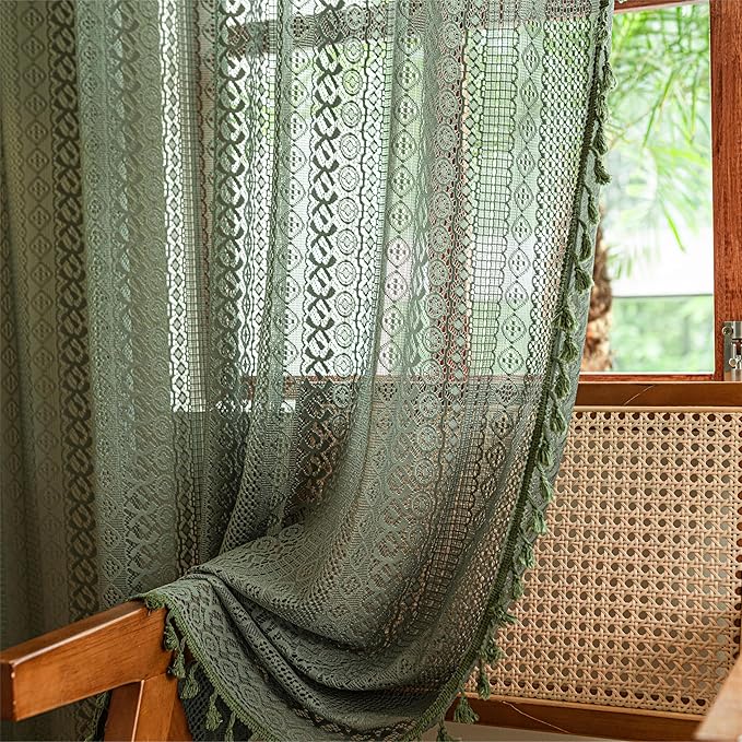 Sutuo Home Olive Green Boho Curtains 90 inches, Crochet Lace Sheer Bohemian Hollow Knitted Handmade Tassels, Privacy Vintage Farmhouse for Bedroom Living Room Easter Decor, 1 Panel 59" W x 90" L
