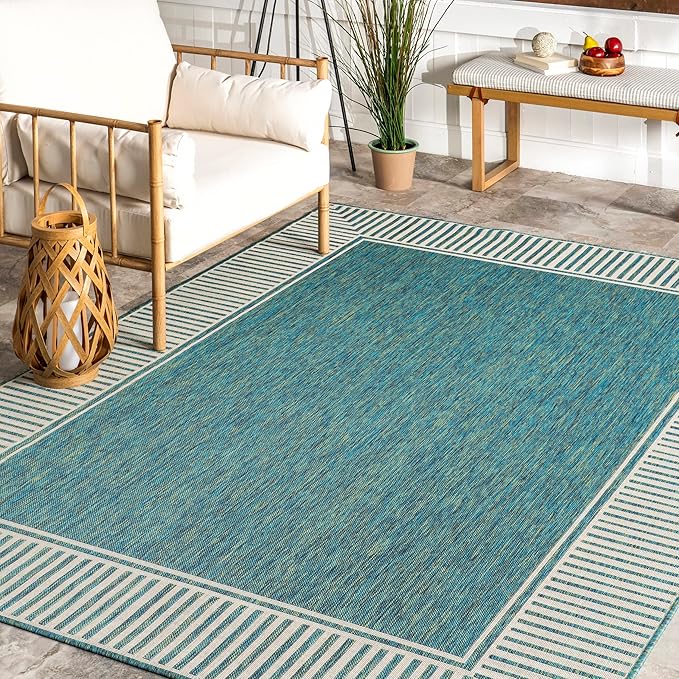 nuLOOM 5' x 8' Outdoor Area Rug, Casual Design With Striped Border, Stain Resistant, Highly Durable, For Patio, Balcony, Bedroom, Living Room, Dining Room, Bathroom, Teal