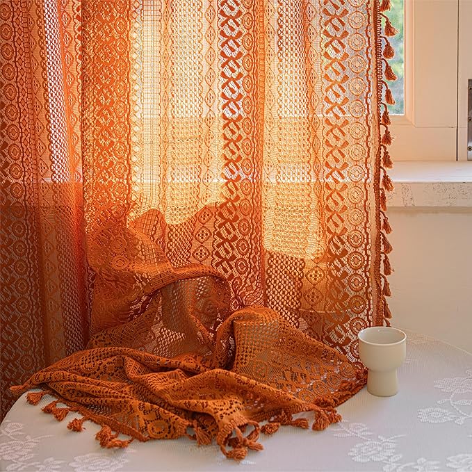 Sutuo Home Boho Curtains for Bedroom Living Room Dining Room, Crochet Lace Sheer Bohemian Country Tassels,Window Treatment Drapes for Halloween Decor, Rod Pocket 1 Panel 59" W x 120" L, Orange
