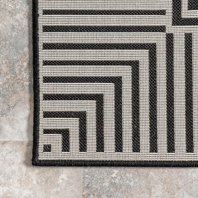 nuLOOM 9'6" x 12' Outdoor Area Rug, Casual Design With Striped Border, Stain Resistant, Highly Durable, For Patio, Balcony, Bedroom, Living Room, Dining Room, Bathroom, Black
