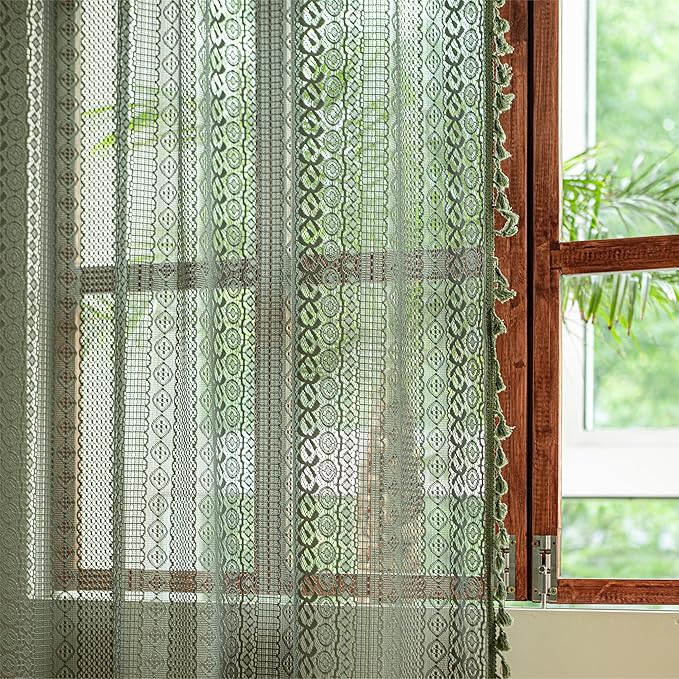 Sutuo Home Olive Green Boho Curtains 96 inches Long for Living Room Bedroom,Crochet Lace Sheer Bohemian Hollow Knitted Handmade Tassels, Vintage Farmhouse Xmas Decor, 1 Panel 59" W x 96" L