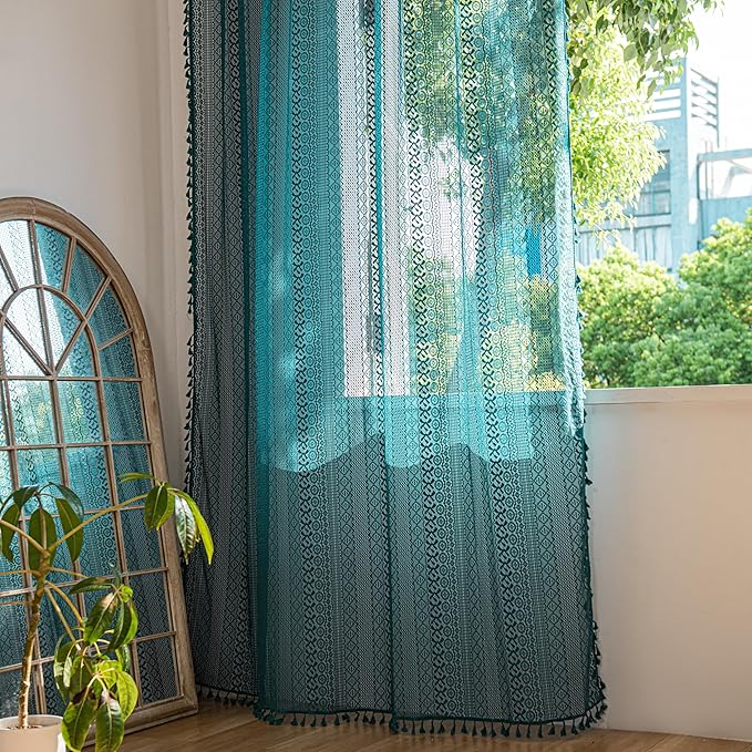 Sutuo Home Turquoise Boho Curtains for Bedroom Living Room,Crochet Lace Sheer Bohemian Stylish with Tassels, Window Treatment Privacy Vintage Rustic Farmhouse Drapes, Rod Pocket 1 Panel 59" W x 102" L