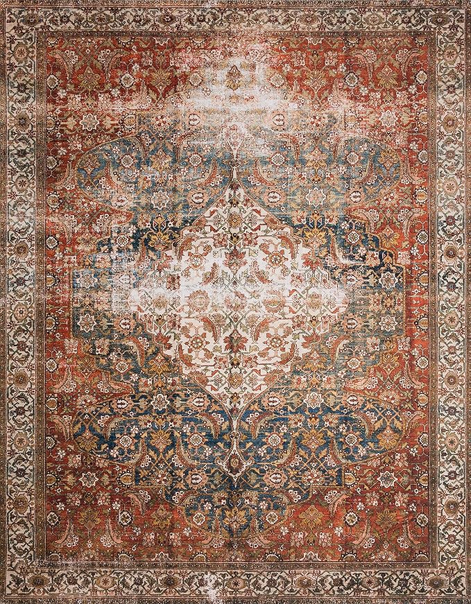 Loloi Layla Collection LAY-05 Ocean/Multi 3'-6" x 5'-6" .13" Thick Accent Rug, Soft, Durable, Vintage Inspired, Distressed, Low Pile, Non-Shedding, Easy Clean, Printed, Living Room Rug
