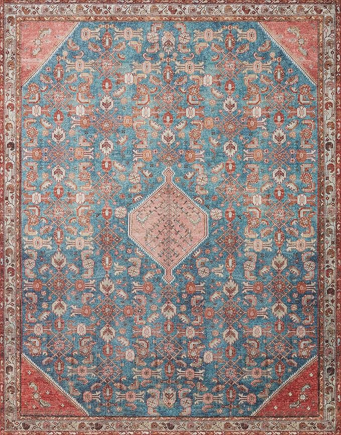 Loloi Layla Collection LAY-10 Marine/Clay 3'-6" x 5'-6" .13" Thick Accent Rug, Soft, Durable, Vintage Inspired, Distressed, Low Pile, Non-Shedding, Easy Clean, Printed, Living Room Rug