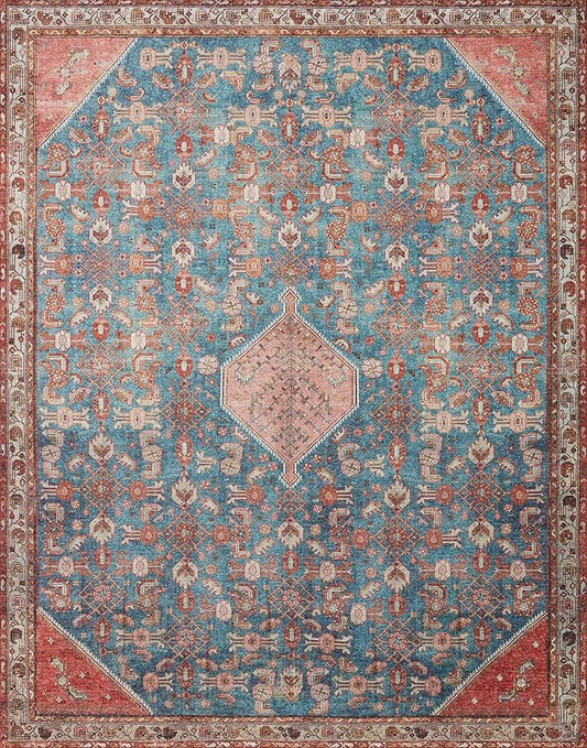Loloi Layla Collection LAY-10 Marine/Clay 3'-6" x 5'-6" .13" Thick Accent Rug, Soft, Durable, Vintage Inspired, Distressed, Low Pile, Non-Shedding, Easy Clean, Printed, Living Room Rug