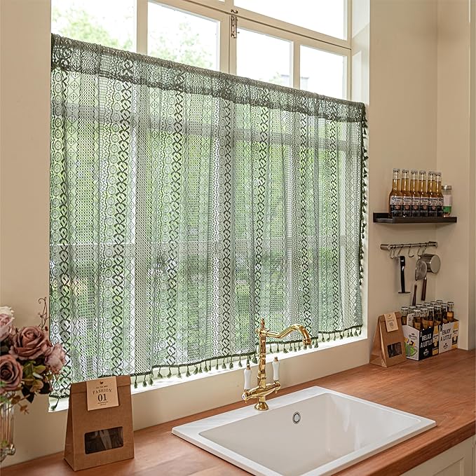 Sutuo Home Olive Green Boho Valance Curtains Crochet Lace Sheer Bohemian Hollow Knitted with Tassels, Privacy Vintage French Retro Farmhouse Tier for Kitchen Bedroom, Rod Pocket 1 Panel 59" W x 24" L
