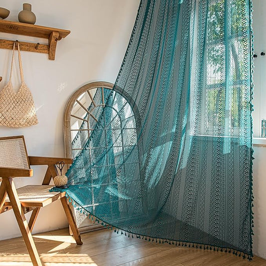 Sutuo Home Turquoise Boho Curtains for Bedroom Living Room,Crochet Lace Sheer Bohemian Stylish with Tassels, Window Treatment Privacy Vintage Rustic Farmhouse Drapes, Rod Pocket 1 Panel 59" W x 102" L
