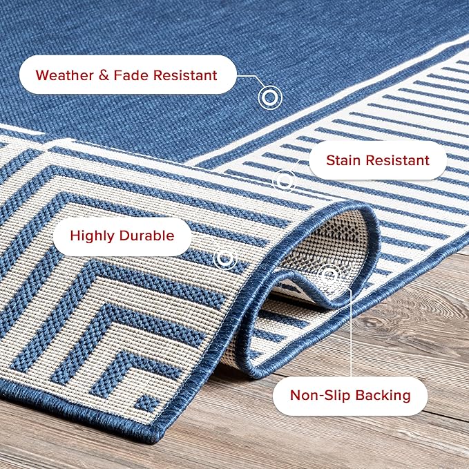 nuLOOM 2' x 3' Outdoor Area Rug, Casual Design With Striped Border, Stain Resistant, Highly Durable, For Patio, Balcony, Bedroom, Living Room, Dining Room, Bathroom, Navy